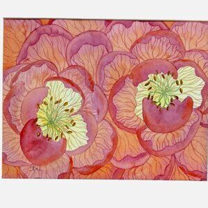 PAINTING WATERCOLOR ORIGINAL ART PEONY FLOWERS PINK ORANGE CORAL 11X14 MAT 16X20